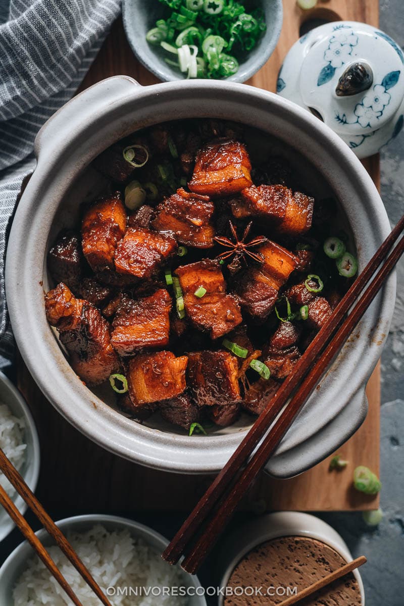 Hong Shao Rou | A Chinese classic. The tender, juicy pork is coated in a glossy sauce that is sticky, savory, sweet, and full of fragrance. It’s a perfect meal-prep dish to cook on a weekend and enjoy throughout the week. Hong shao rou in claypot