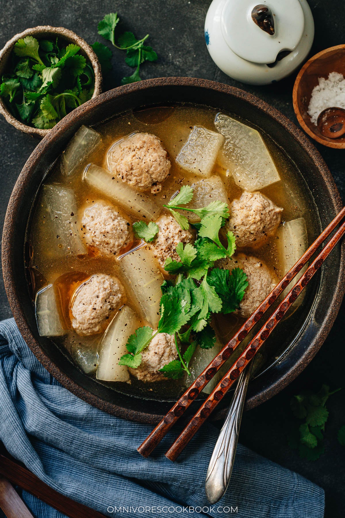 Winter melon soup with meatballs close-up