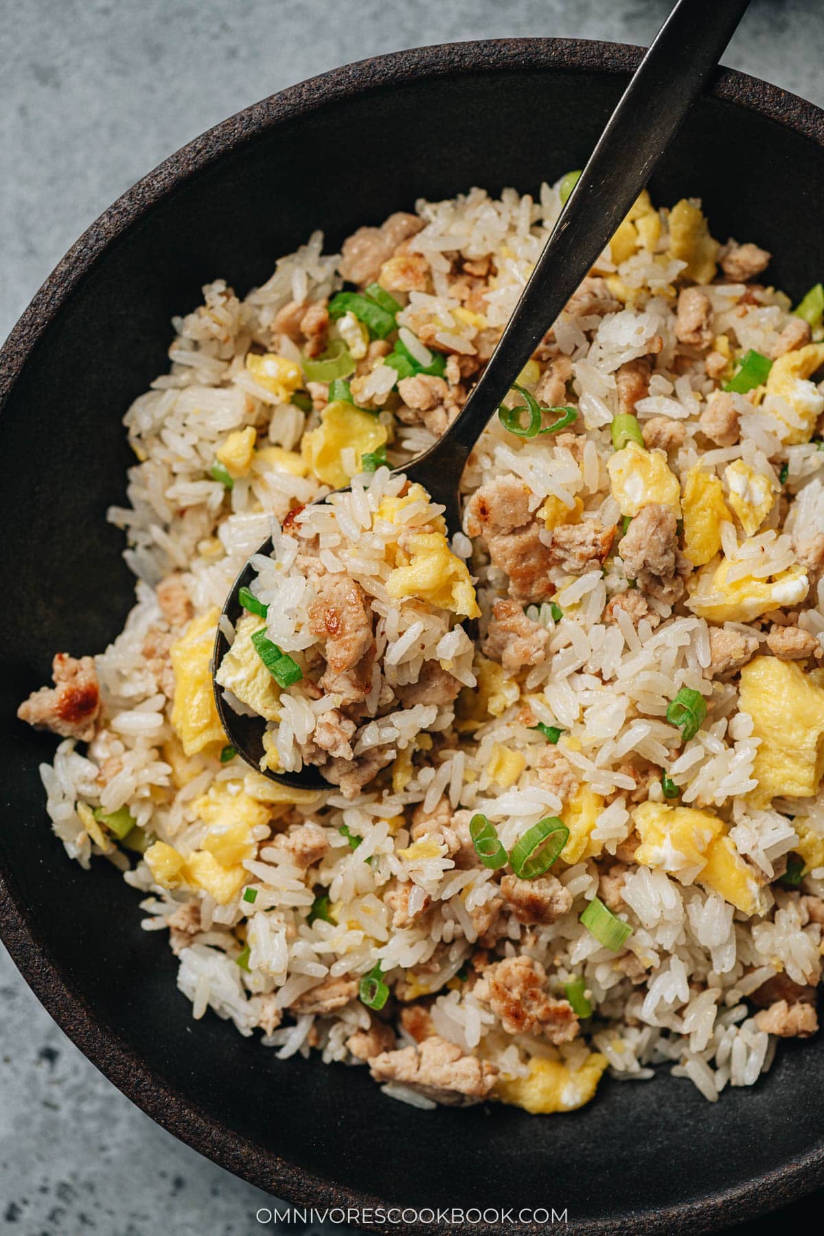 Ginger fried rice close up with a spoon