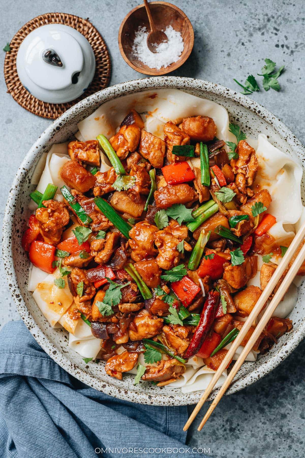 A large bowl of Da Pan Ji serving wide hand-pulled noodles topped with glossy braised chicken, potatoes, bell peppers, scallions, and dried chilis.