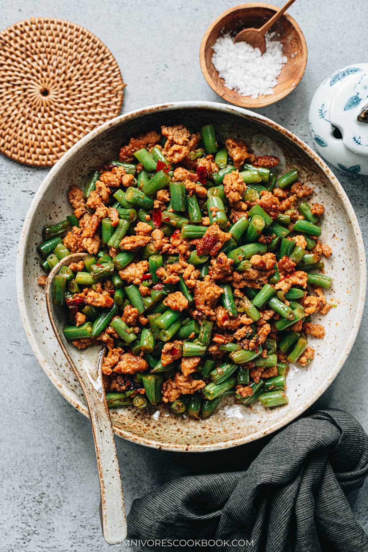 Stir-fried green beans with ground pork served in a bowl